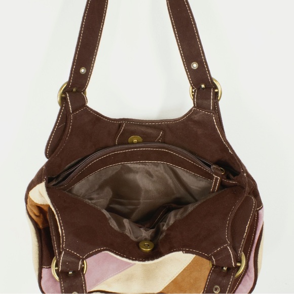 Vintage 2000s Y2K Faux Suede Patchwork Stripe Pink Brown Buckle Purse - Picture 3 of 4